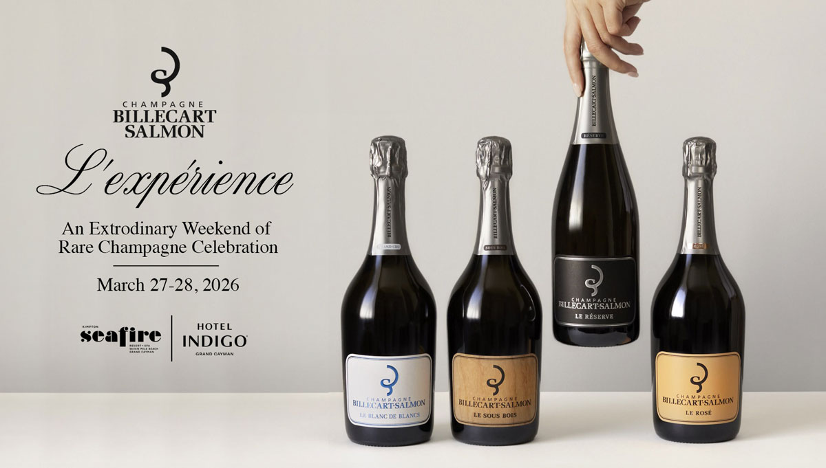 Champagne Billecart Salmon. L'expérience. An Extraordinary Weekend of Rare Champagne Celebration. March 27-28, 2026. Kimpton Seafire Resort + Spa. Hotel Indigo Grand Cayman.