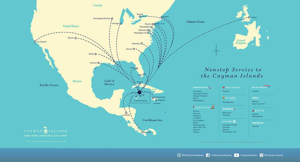 Map of airline service to Cayman Islands