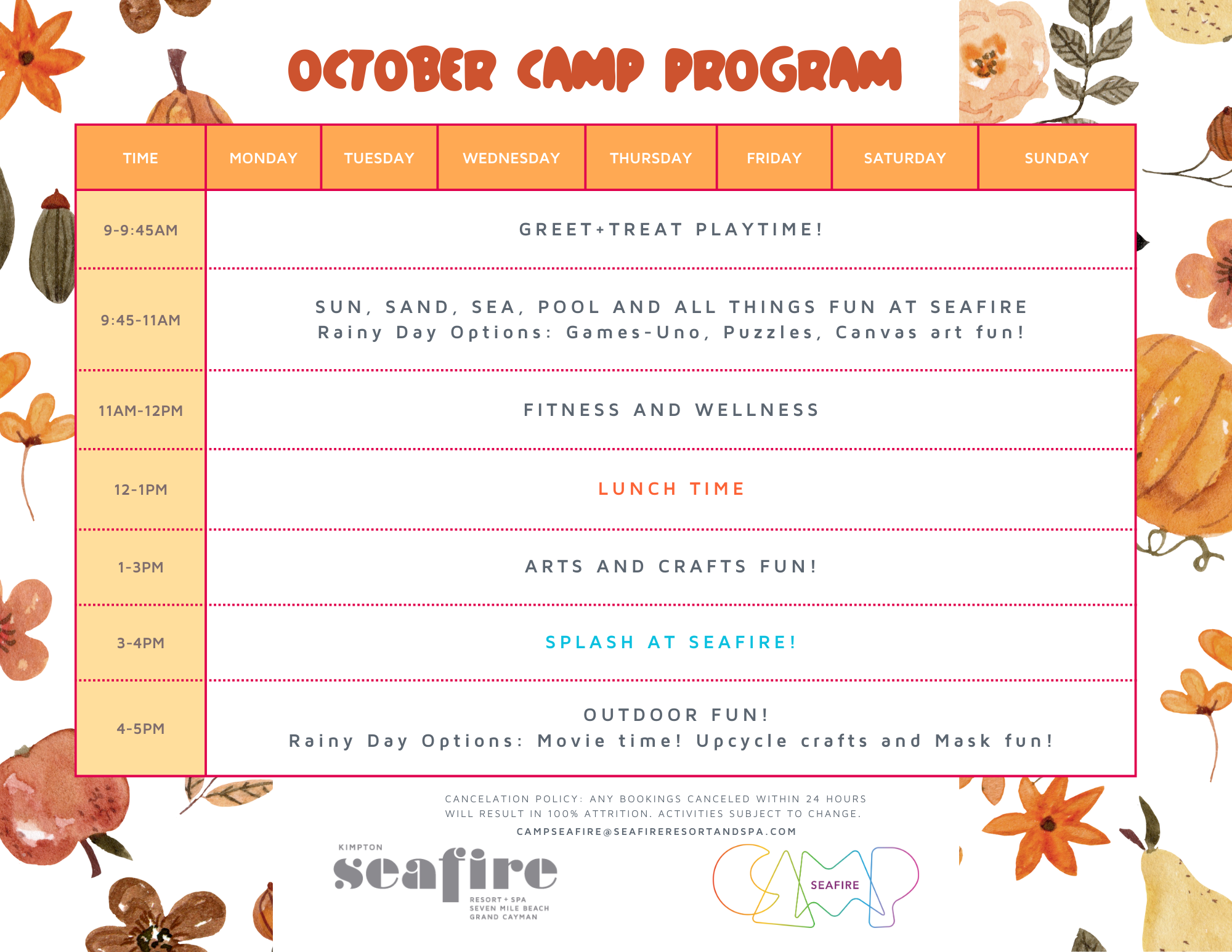 Fall 2025 Camp Program Schedule