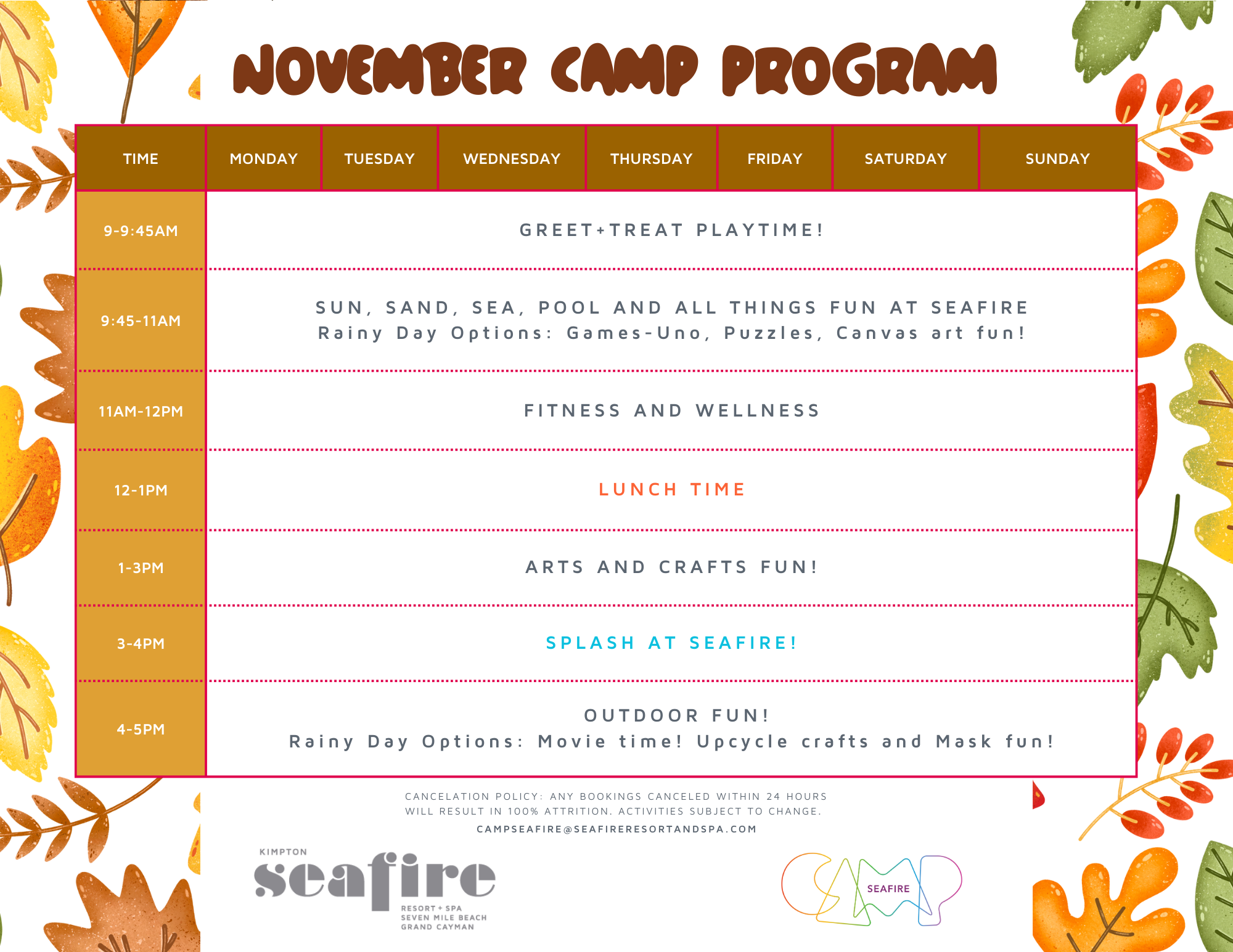 Fall 2025 Camp Program Schedule