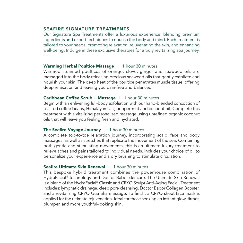 Seafire Spa Garden Suites Menu
