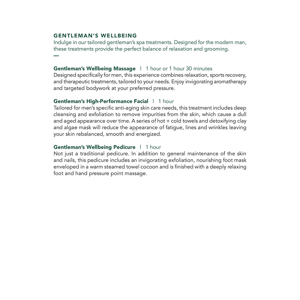 Seafire Spa Garden Suites Menu