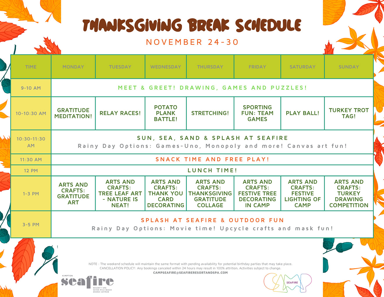 Winter 2025 Camp Program Schedule