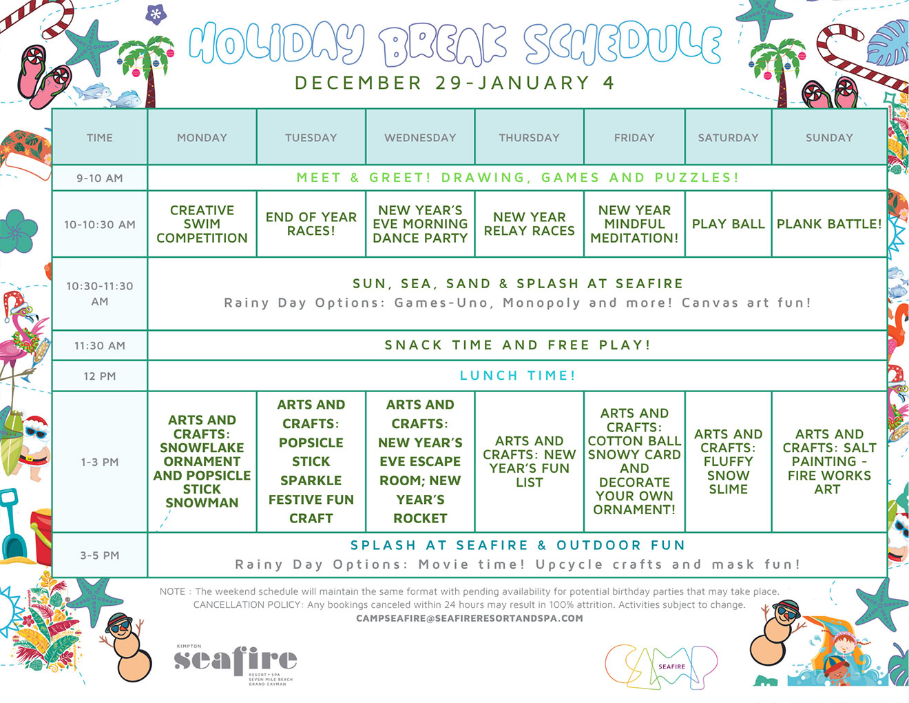 Winter 2025 Camp Program Schedule